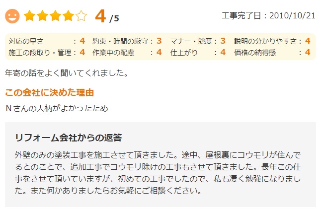   佐倉市上座で外壁塗装をされたＮ様の声