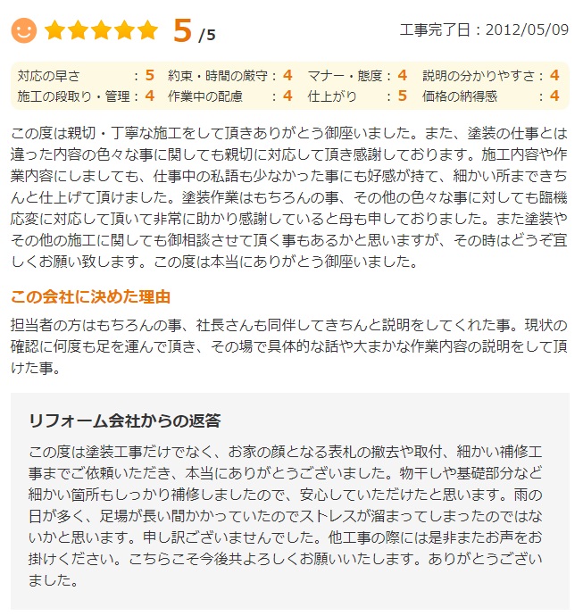   船橋市三山で外壁塗装をされたＯ様の声