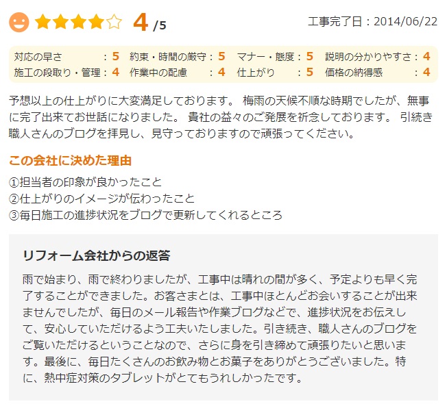   佐倉市千成で外壁塗装をされたＨ様の声