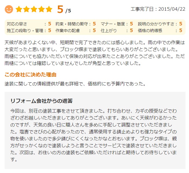  佐倉市染井野で外壁塗装をされたＨ様の声