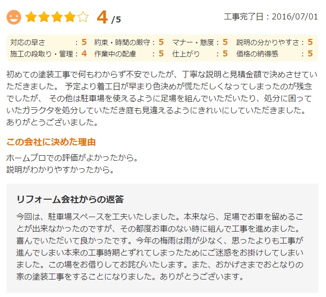   佐倉市角来で外壁塗装をされたＨ様の声