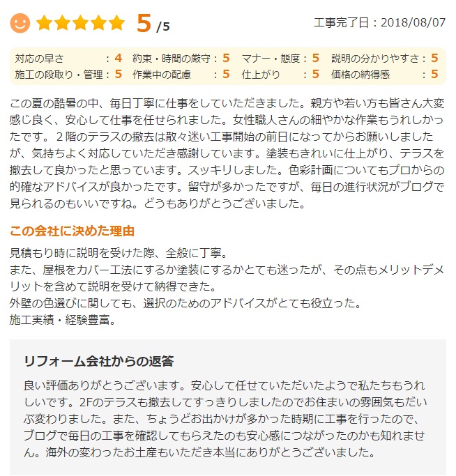   千葉市花見川区検見川町で外壁塗装をされたＩ様の声