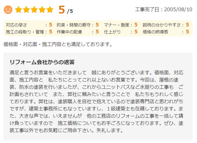   価格面・対応面・施工内容とも満足しております。