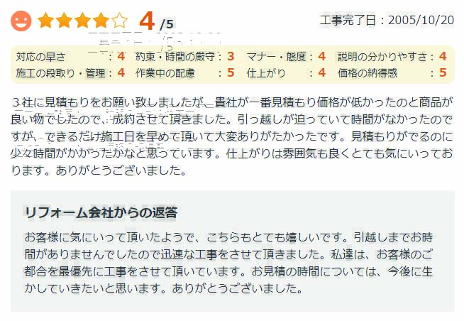   3社に見積もりをお願い致しましたが、貴社が一番見積もりも価格が低かったのと高品質が良い物でしたので、成約させて頂きました。