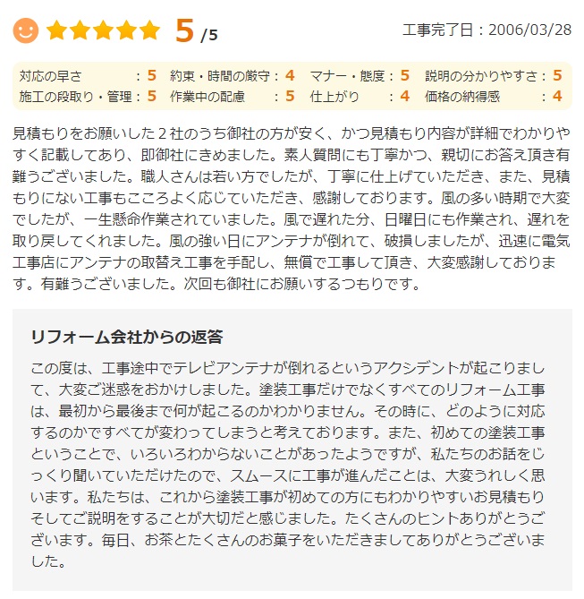   見積もりをお願いした2社のうち御社の方が安く、かつ見積もり内容が詳細でわかりやすく記載してあり、即御社にきめました。
