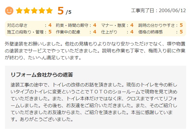   外壁塗装をお願いしました。他社の見積もりよりかなり安かっただけでなく、塀や物置の塗装までサービスでやっていただきました。