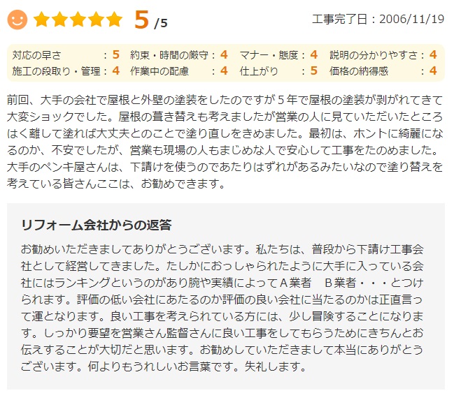   前回、大手の会社で屋根と外壁の塗装をしたのですが5年で屋根の塗装が剥がれてきて大変ショックでした。