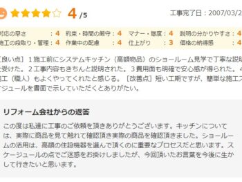【良い点】1 施工前にシステムキッチン（高額物品）のショールーム見学で丁寧な説明を受けた。2 工事内容もきちんと説明された。