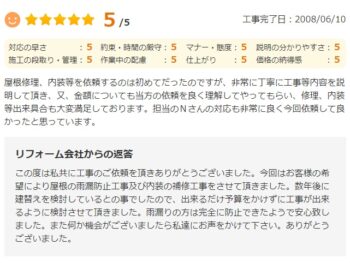 屋根修理、内装等を依頼するのは初めてだったのですが、非常に丁寧に工事等内容を説明して頂き、又、金額についても当方の依頼を良く理解してやってもらい、修理、内装等出来具合も大変満足しております。