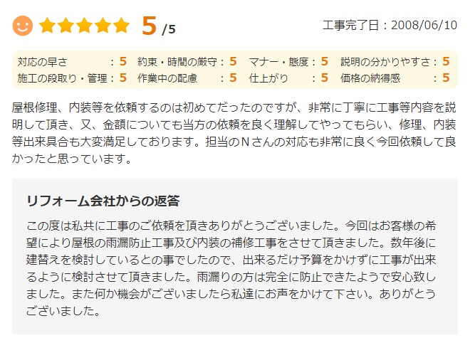   屋根修理、内装等を依頼するのは初めてだったのですが、非常に丁寧に工事等内容を説明して頂き、又、金額についても当方の依頼を良く理解してやってもらい、修理、内装等出来具合も大変満足しております。