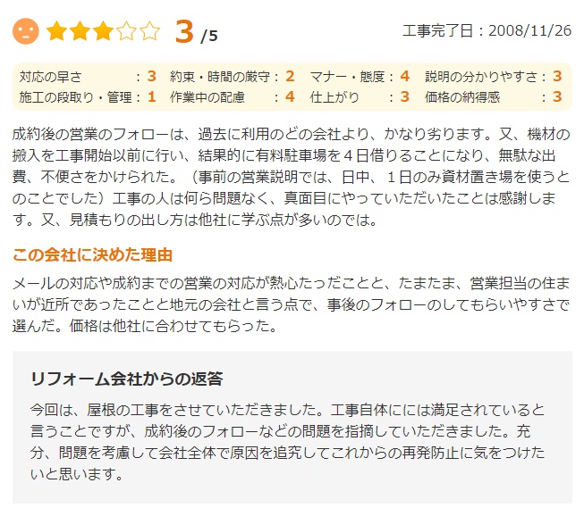   成約後の営業のフォローは、過去に利用のどの会社より、かなり劣ります。