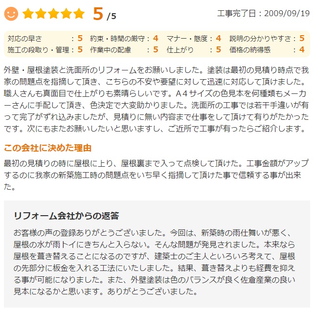   外壁・屋根塗装と洗面所のリフォームをお願いしました。塗装は最初の見積り時点で我家の問題点を指摘して頂き、こちらの不安や要望に対して迅速に対応して頂けました。