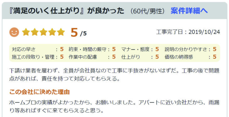  『満足のいく仕上がり』が良かった (60代/男性)