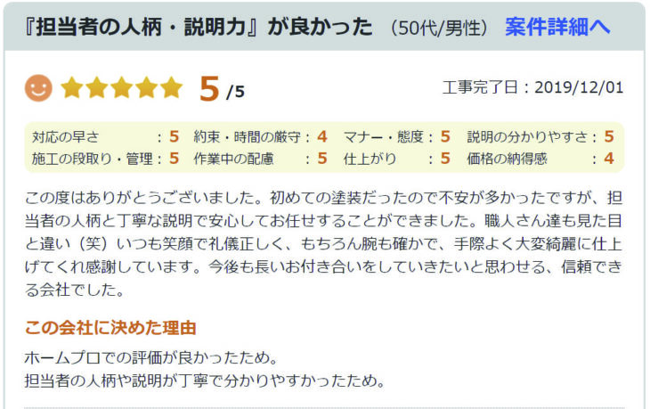   『担当者の人柄・説明力』が良かった　（50代/男性）