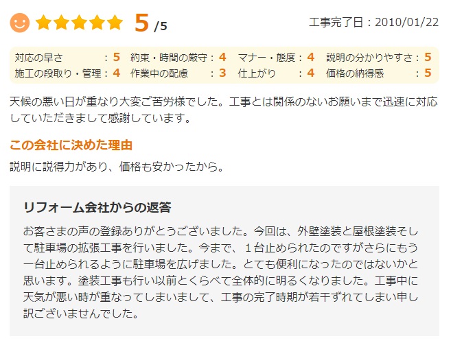   天候の悪い日が重なり大変ご苦労様でした。工事とは関係のないお願いまで迅速に対応していただきまして感謝しています。