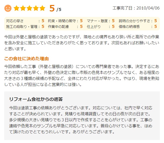   今回は外壁と屋根の塗装であったのですが、隣地との境界もあり狭い所での作業を含み安全に施工していただきありがとうございました。次回もあればお願いしたいと思います。
