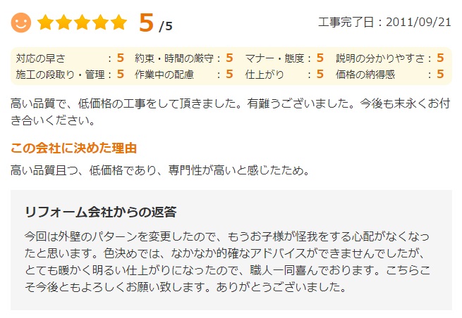   高い品質で、低価格の工事をして頂きました。有難うございました。