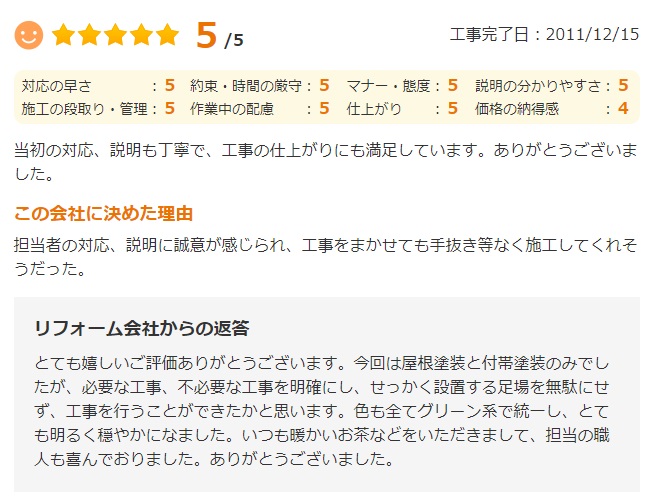   当初の対応、説明も丁寧で、工事の仕上がりにも満足しています