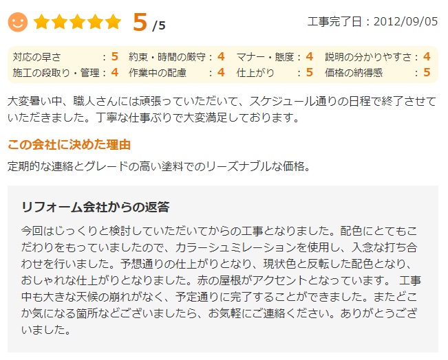   スケジュール通りの日程で終了させていただきました。 丁寧な仕事ぶりで大変満足しております